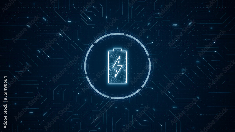 Poster blue digital battery logo and futuristic technology circle hud with circuit board and data transfer 
