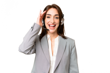 Telemarketer caucasian woman working with a headset over isolated chroma key background with surprise and shocked facial expression