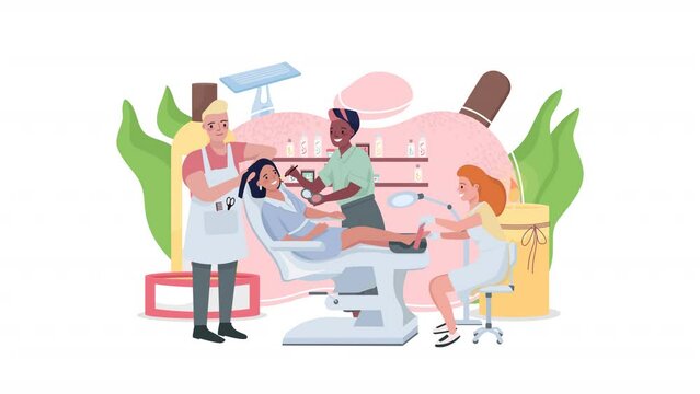 Animated beauty salon concept. Procedures for client. Looped 2D cartoon flat characters on white with alpha channel transparency for web design. HD video footage. Soft skin creative idea animation