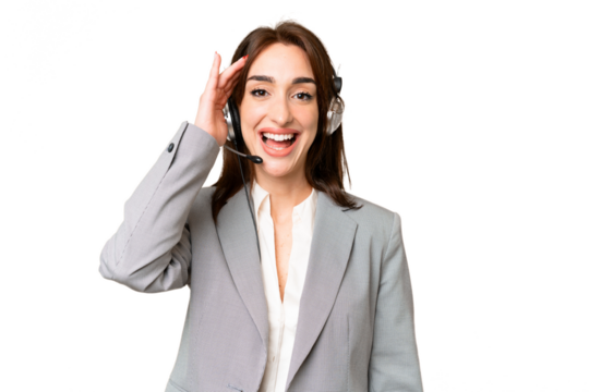 Telemarketer caucasian woman working with a headset over isolated chroma key background with surprise and shocked facial expression - Powered by Adobe