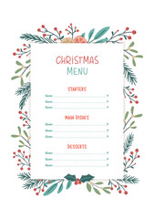 Christmas seasonal menu template with floral and fir branches. Vector illustration in retro minimalistic style. Xmas new year eve theme and happy winter holidays flat style concept