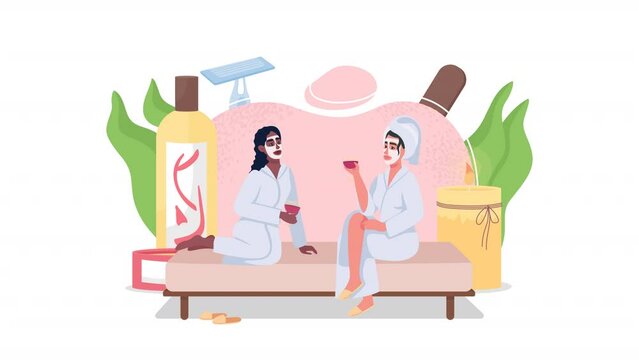 Animated friends at spa concept. Women at pampering. Looped 2D cartoon flat characters on white with alpha channel transparency for web design. HD video footage. Rest creative idea animation