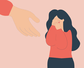 A hand supports a woman to get rid of stress and depression. Sad girl needs help due to abuse, bullying and violence. Female crying and covering her face. concept of Mental health and rehabilitation.
