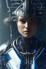 Woman cyborg full length portrait detailed face, symmetric, steampunk, cyberpunk