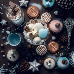 Assorted sweets, dessert, cakes, macarons in a christmas or festive atmosphere, top, flat