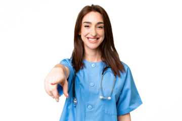 Young nurse woman over isolated chroma key background points finger at you with a confident expression