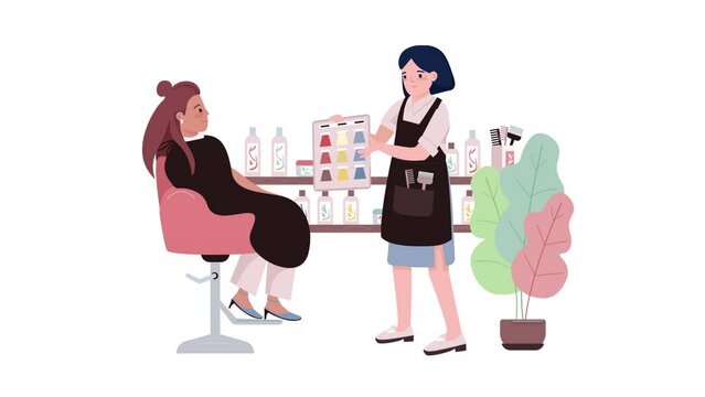 Animated characters dying hair. Customer choosing shade in salon. Full body flat people on white background with alpha channel transparency. Colorful cartoon style HD video footage for animation