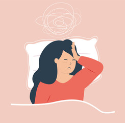 Woman lying on bed and has difficulty to sleep at night due to headache. Person suffers from insomnia, nightmares and negative tangled thoughts. Mental health and sleep disorders.