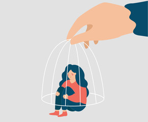 Doctor's hand helps a woman closed inside a cage and released her free. Girl has mental health disorders gets therapy from a psychologist. Psychotherapy, depression and drugs rehabilitation concept.