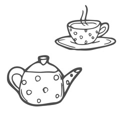 Set of doodles tea time. Teapot and cup of tea sketch