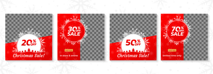 Christmas sale banner set. Xmas discount or promotion card template. Social media post, promo frame or border collection. 20, 50, 60 70 percent price off. Winter background. Vector illustration.