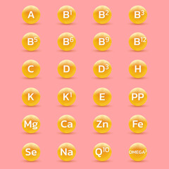 Vitamin, mineral 3d icon set. Nutrition, food supplement design. Multivitamin complex with C, B, E, D vitamins. Vector illustration.