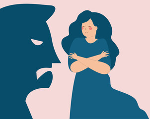 Man's shadow threatening a terrified woman. Girl says NO to abuse and protects herself. Stop domestic violence, school bullying. Protest against sexual assault and exploitation concept.  - obrazy, fototapety, plakaty