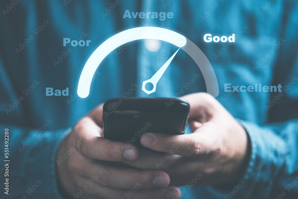 Poster Businessman using smartphone to select good level for client evaluation and customer satisfaction after use product and service concept.