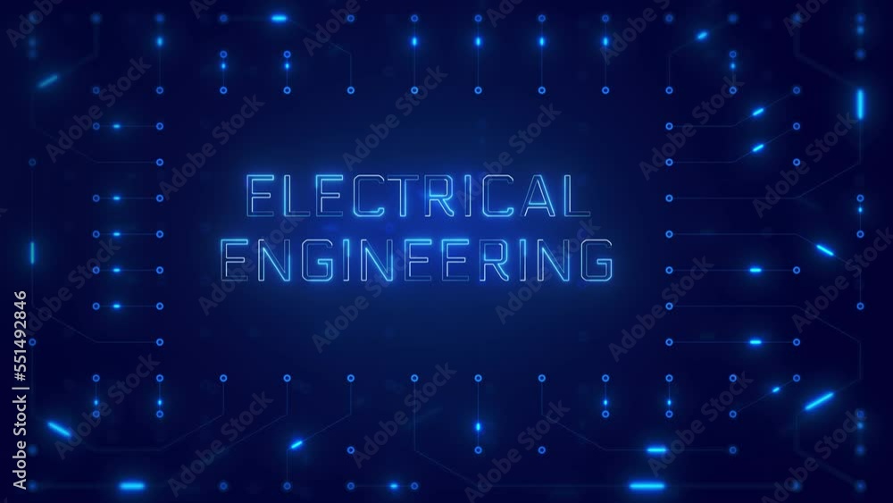 Poster electrical engineering word text with neon circuit board design or computer semiconductor design