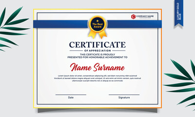 Certificate of appreciation template, gold and blue color. Clean modern certificate with gold badge. Certificate border template with luxury and modern line pattern. Diploma vector template