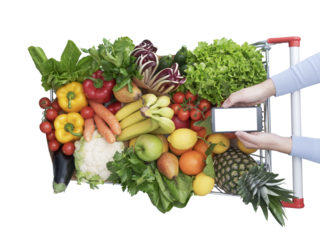 PNG file no background Woman buying fresh greens and using her smartphone