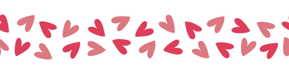 Seamless border with red and pink hearts. Hand drawn doodle style