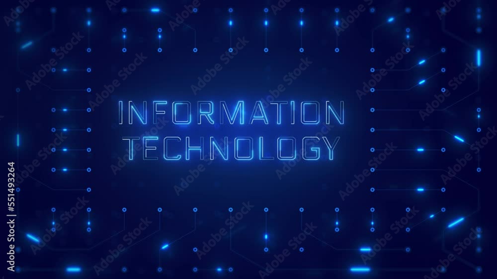 Poster information technology word text with neon circuit board design or computer semiconductor design