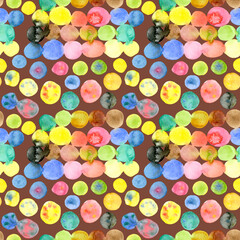 Fototapeta na wymiar Seamless pattern of colorful watercolour dots. Hand drawn illustration on light brown background.