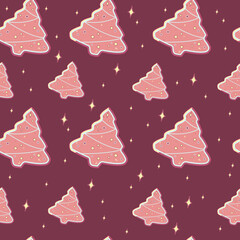 seamless pattern with gingerbread in the shape of a Christmas tree and with stars