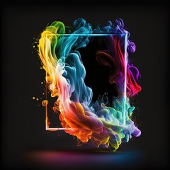 Abstract 3D frame with puffs of colorful smoke and neon light on a black background. Ai generated.