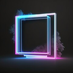 Abstract 3D frame with puffs of white and pink smoke and neon light on a black background.  Ai generated.