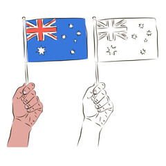 The flag of Australia is in the hand of a man in color and black and white. The concept of patriotism.