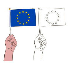 The flag of the European Union is in the hand of a man in color and black and white. The concept of patriotism.