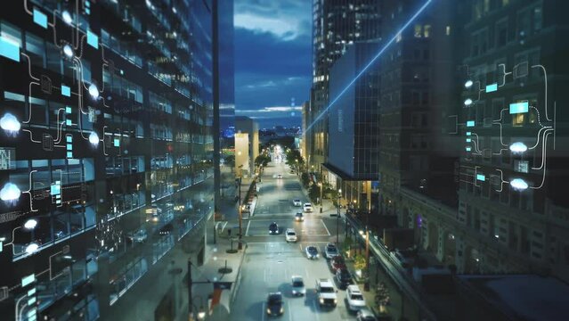 Tech city network, data spreading over building inside a metropolis - VFX render