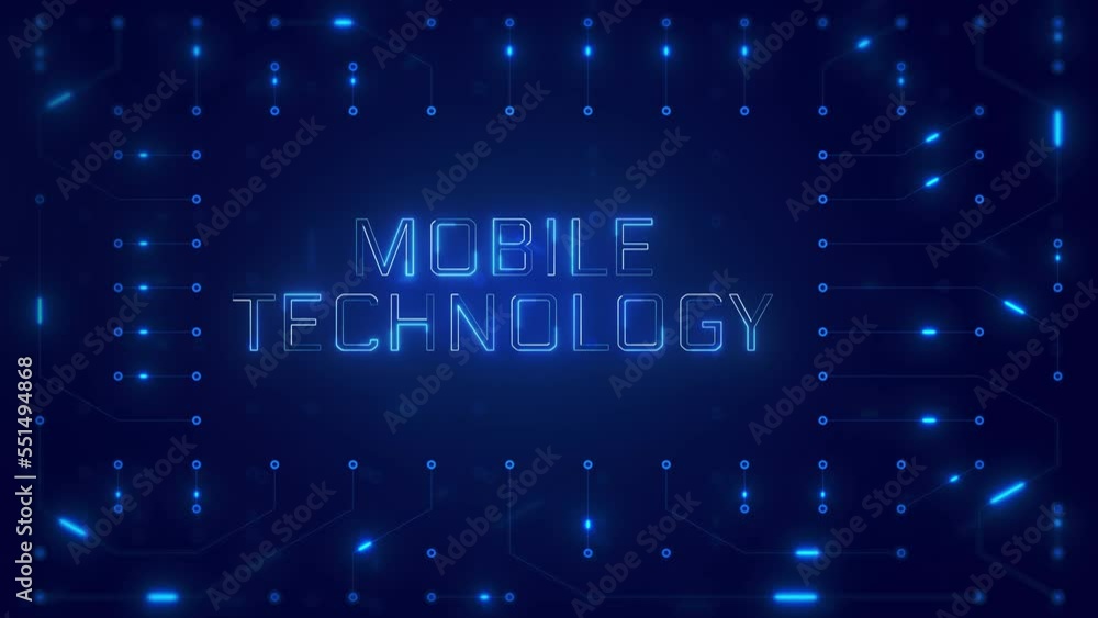 Aufkleber mobile technology word text with neon circuit board design or computer semiconductor design