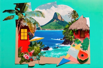 Tropical Mediterranean paradise paper cutout collage of cool summer sunshine vibes - exotic travel destination and relaxing holiday hotel theme. Vibrant colorful flowers, ocean waves and palm trees.   © Everlasting Dreams