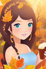 Cute , beautiful girl, chubby, drill hair, wearing gold laced dress, ice cream, autumn, leaves, trees,