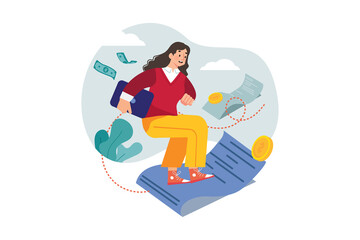 Woman flies on a bill of money to the office