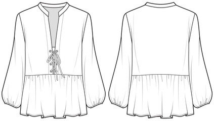 womens bishop sleeve peasant blouse flat sketch vector illustration technical cad drawing template