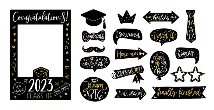 Graduation party photo booth set. Props with Class of 2023. Graduate photo booth frame. Selfie frame. DIY kit for graduation party. Decorations party supplies. Gold and black vector illustration.