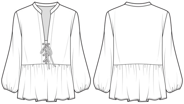 womens bishop sleeve peasant blouse flat sketch vector illustration technical cad drawing template