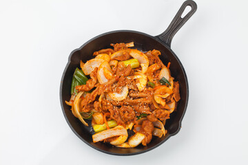stir-fried spicy pork, food, korean food, pork, cooking, meat, vegetables, meals, green onions, 