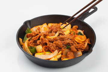 stir-fried spicy pork, food, korean food, pork, cooking, meat, vegetables, meals, green onions, 