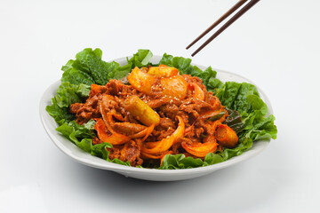 stir-fried spicy pork, food, korean food, pork, cooking, meat, vegetables, meals, green onions, 