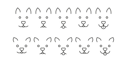 Cat face set, pet head with different emotion, line icon. Cat is calm, sad, surprised, happy, laughing with tongue hanging out. Feline facial expression through ear, eye, mouth and nose. Vector sign