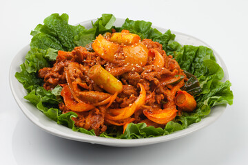 stir-fried spicy pork, food, korean food, pork, cooking, meat, vegetables, meals, green onions, 