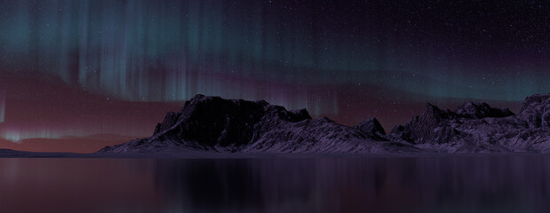 Green Aurora Borealis over Winter Terrain. Magical Northern Lights Background with copy-space.