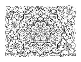 Outline floral pattern in mehndi style for coloring book page. Antistress for adults and children. Doodle ornament in black and white. Hand draw vector illustration.