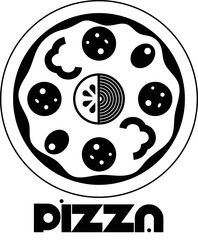 black and white pizza logo on transparent background