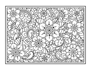 Outline floral pattern in mehndi style for coloring book page. Antistress for adults and children. Doodle ornament in black and white. Hand draw vector illustration.