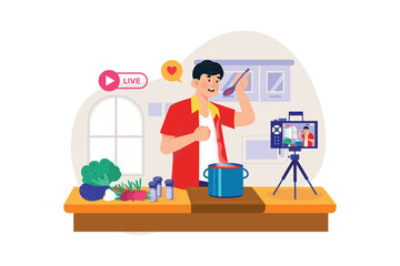 Happy Man Cooking Dishes In The Kitchen On A Live Stream