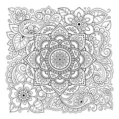 Outline floral pattern in mehndi style for coloring book page. Antistress for adults and children. Doodle ornament in black and white. Hand draw vector illustration.