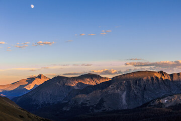 Sunset and Moonrise over Longs Peak, Rocky Mountain National Park, Colorado