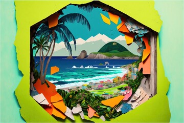 Tropical Mediterranean paradise paper cutout collage of cool summer sunshine vibes - exotic travel destination and relaxing holiday hotel theme. Vibrant colorful flowers, ocean waves and palm trees.  